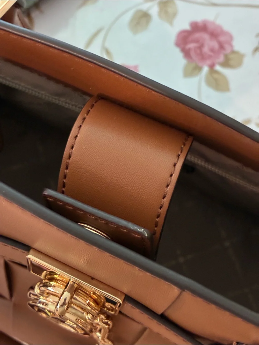 Michael Kors Tan Woven Leather Satchel with Gold Hardware